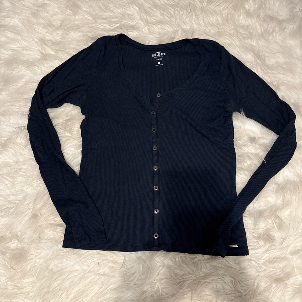 Hollister Navy Blue Ribbed Slim Tee W/ Buttons